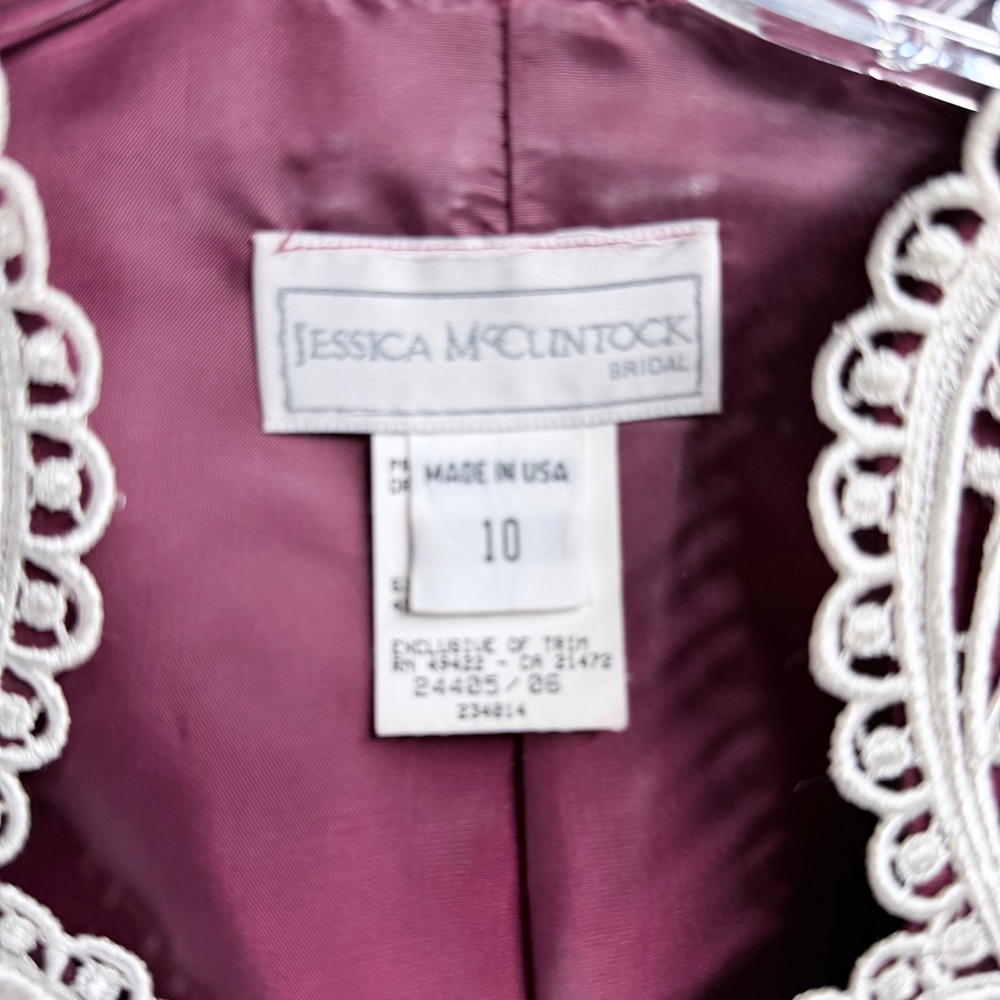 Vintage Jessica McClintock Bridal Jacket Size 10 Burgundy Victorian Lace Prairie - Picture 7 of 11